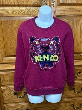 Kenzo Jungle Tiger Embroidered Sweatshirt Womens Sz L Fuchsia Crewneck Pullover